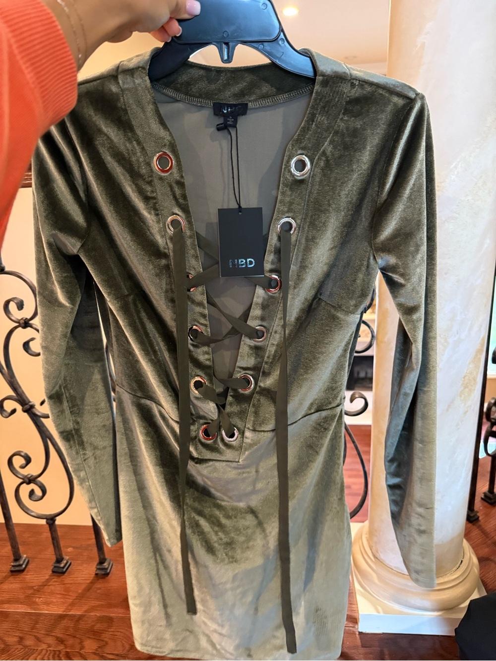 NBD Olive Green Velvet Lace-Up Mini Dress